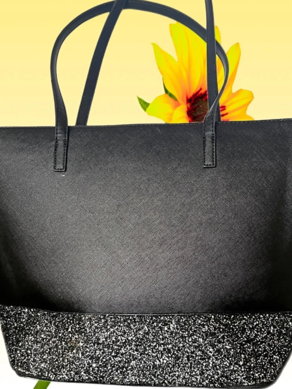 Kate Spade Black Sunflower Glitter Bottom Large Tote Bag Zip Top